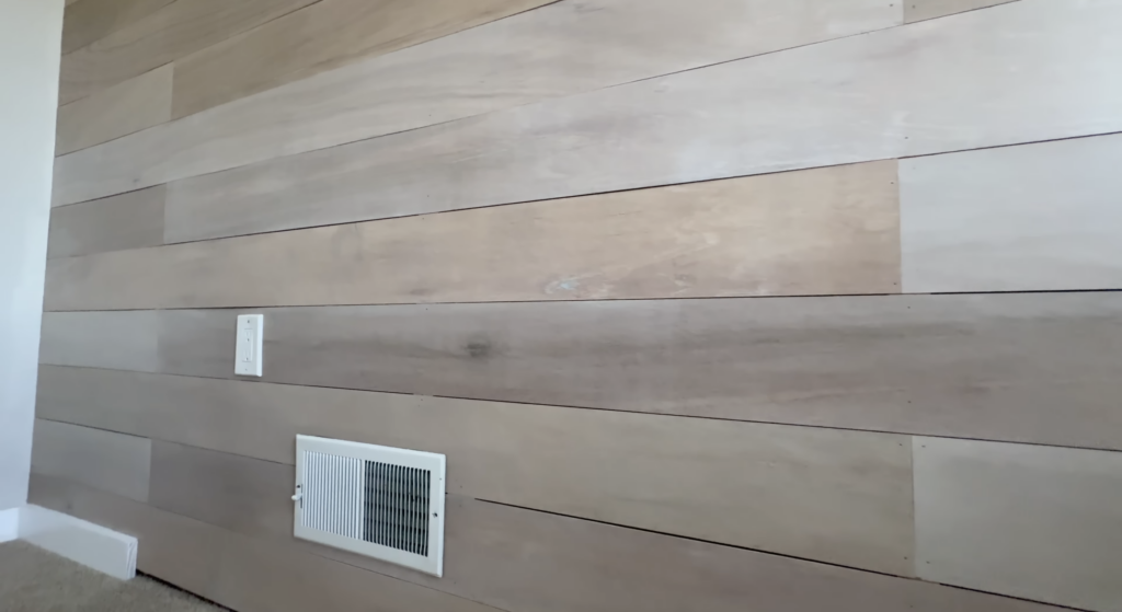 a closeup look at the finished DIY Wood accent wall